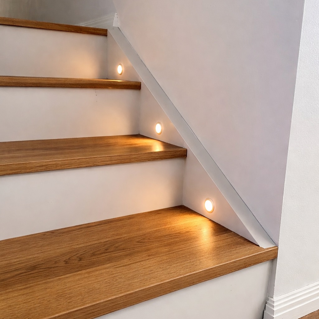 Warm LED step lights on oak stairs